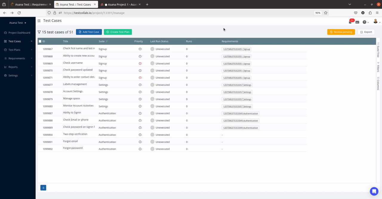 Link requirements from Asana with test cases in TestCollab