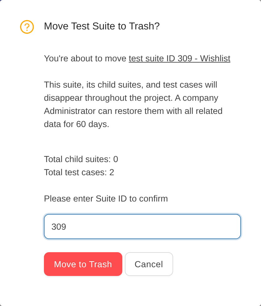Move Test Suite to Trash confirmation in TestCollab