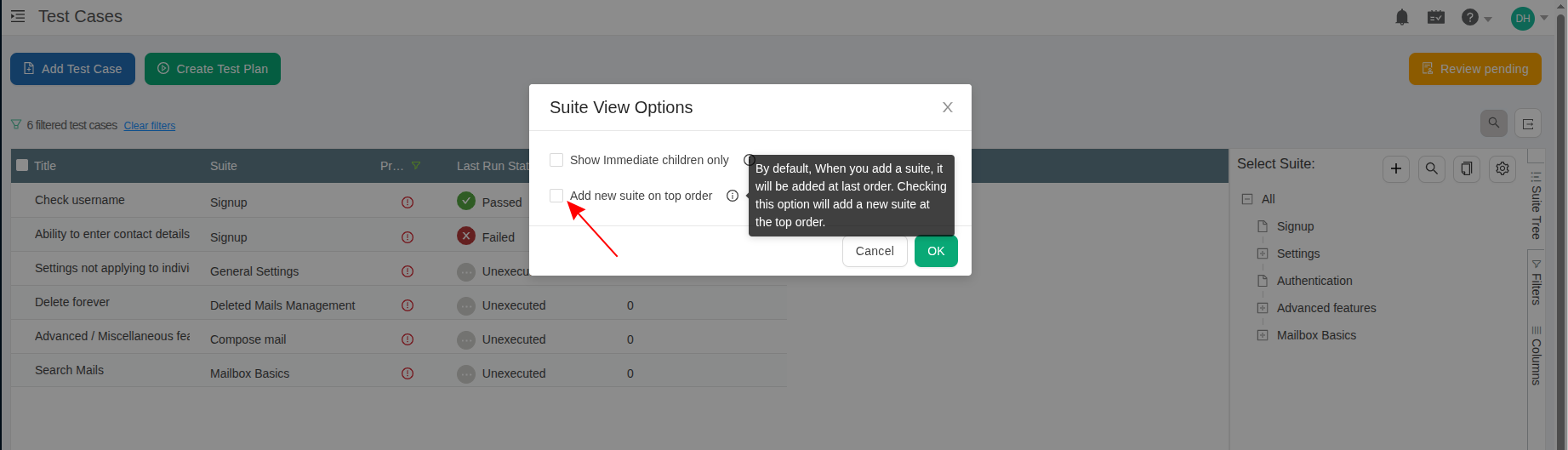 add suite to the top in TestCollab