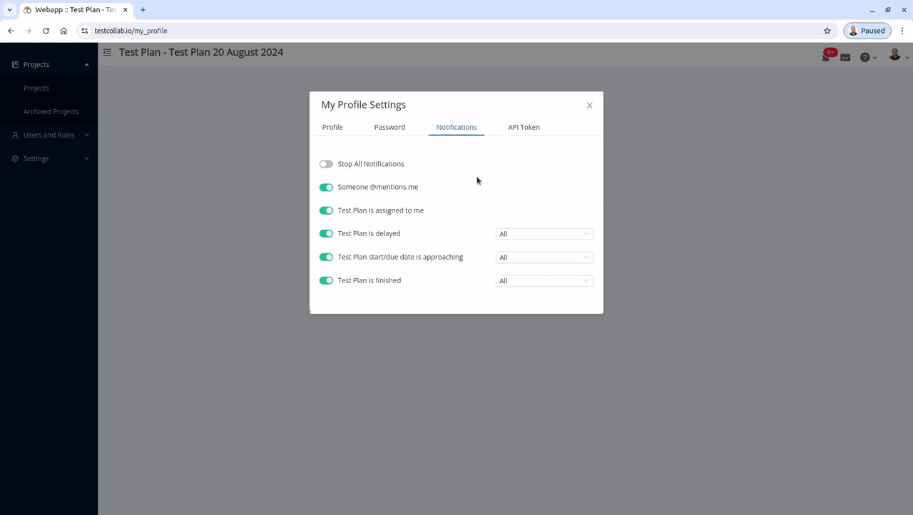 Enable or disable notifications in TestCollab