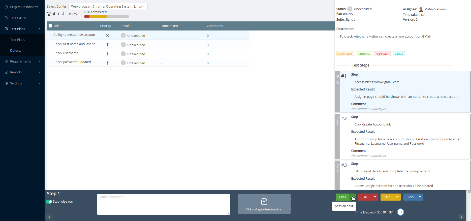 Setting test cases for current and remaining steps for a test case in TestCollab