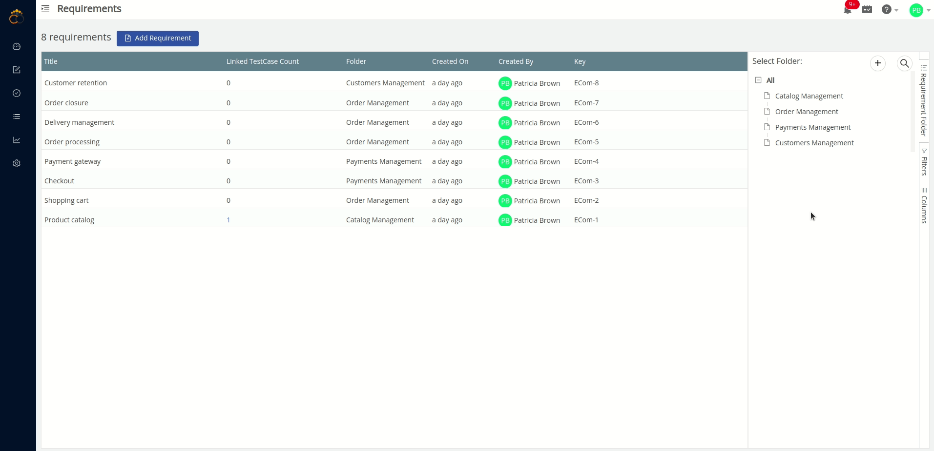 Rearranging inbuilt requirements folders in a TestCollab project