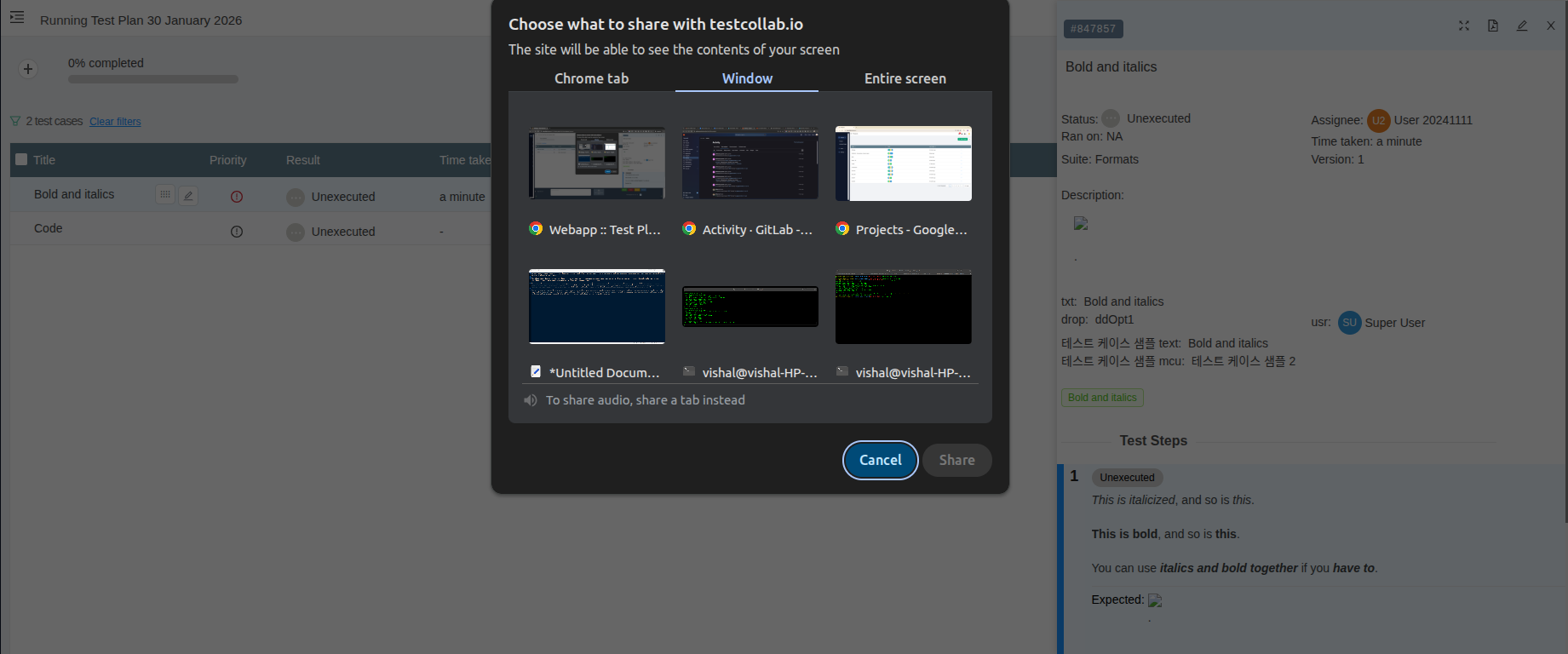 Screen recording in TestCollab