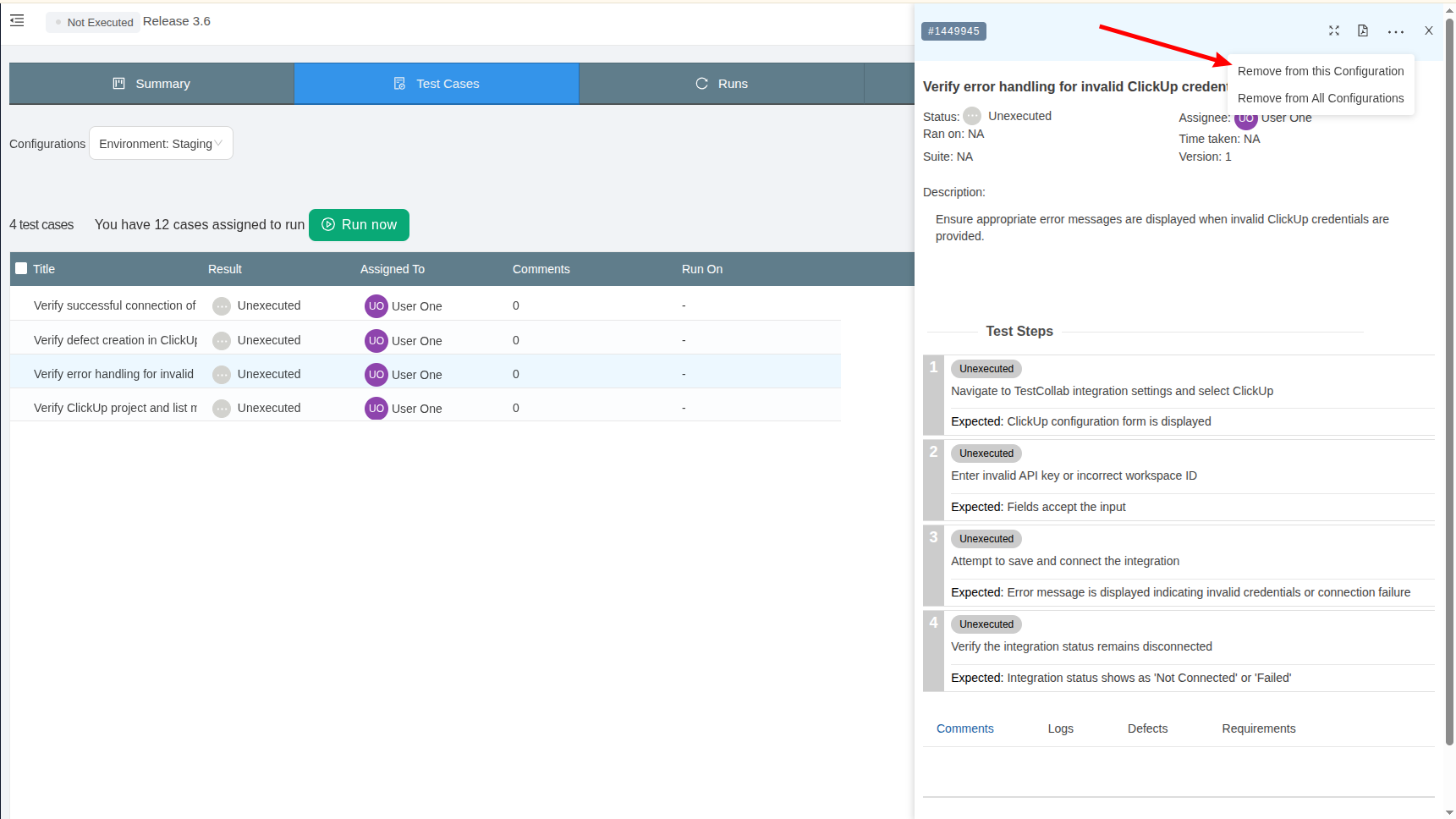 Removing a test case from a test plan configuration in TestCollab