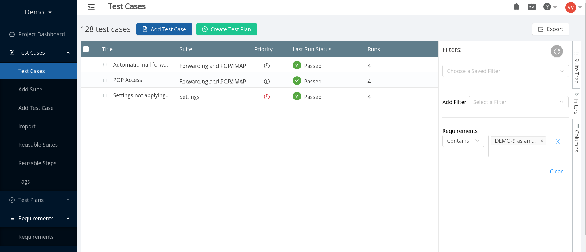 Filtering requirements in a TestCollab project