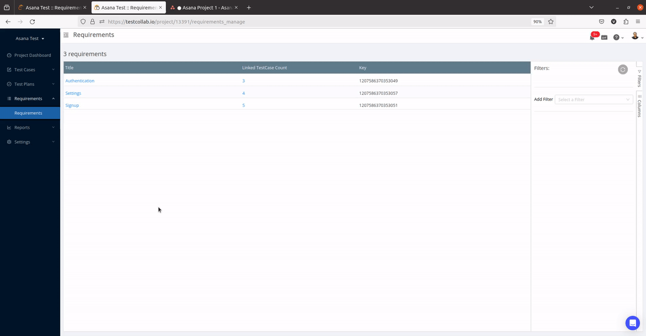 List of requirements from Asana linked with test cases in TestCollab