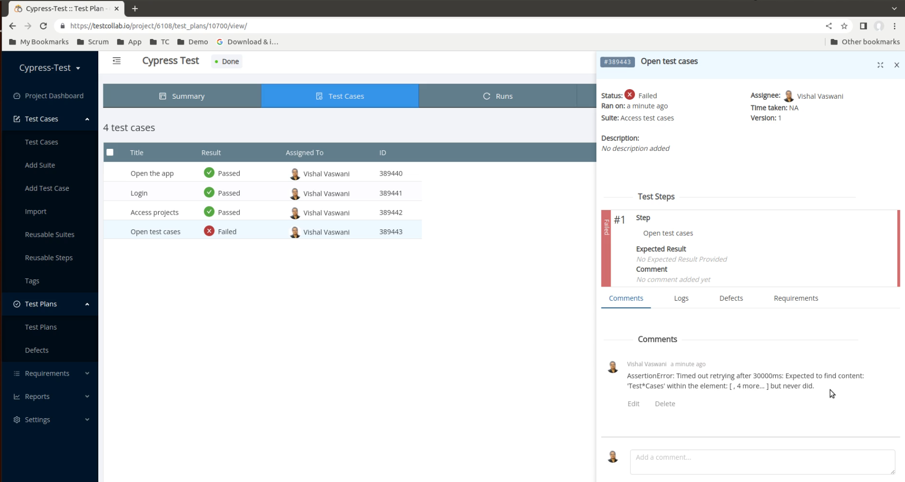 Results populated back in TestCollab