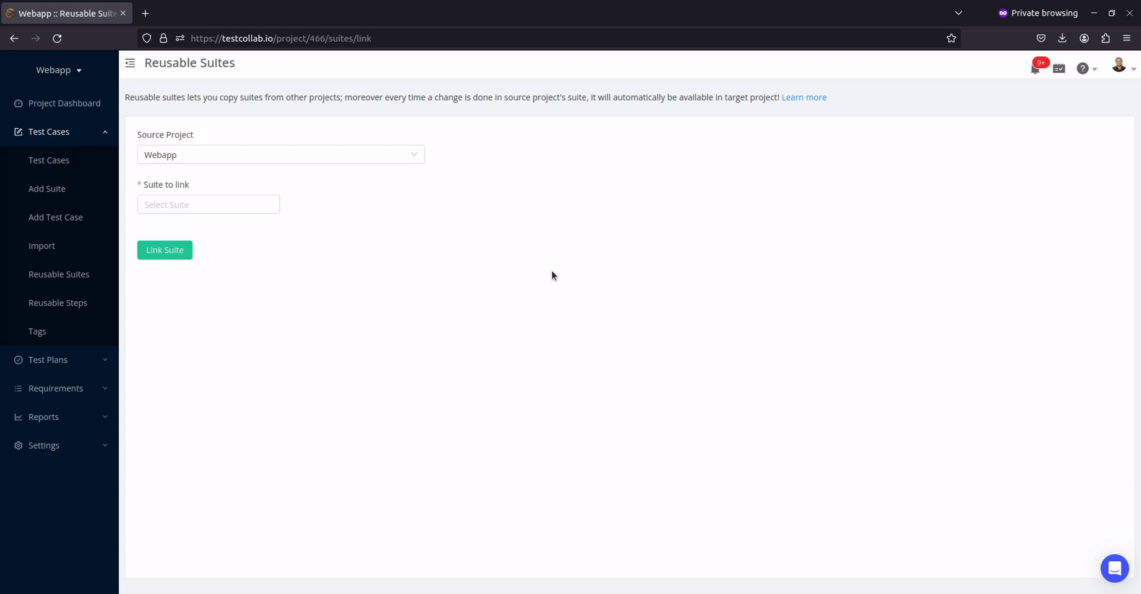 Selecting one or more suites to be linked from other TestCollab project