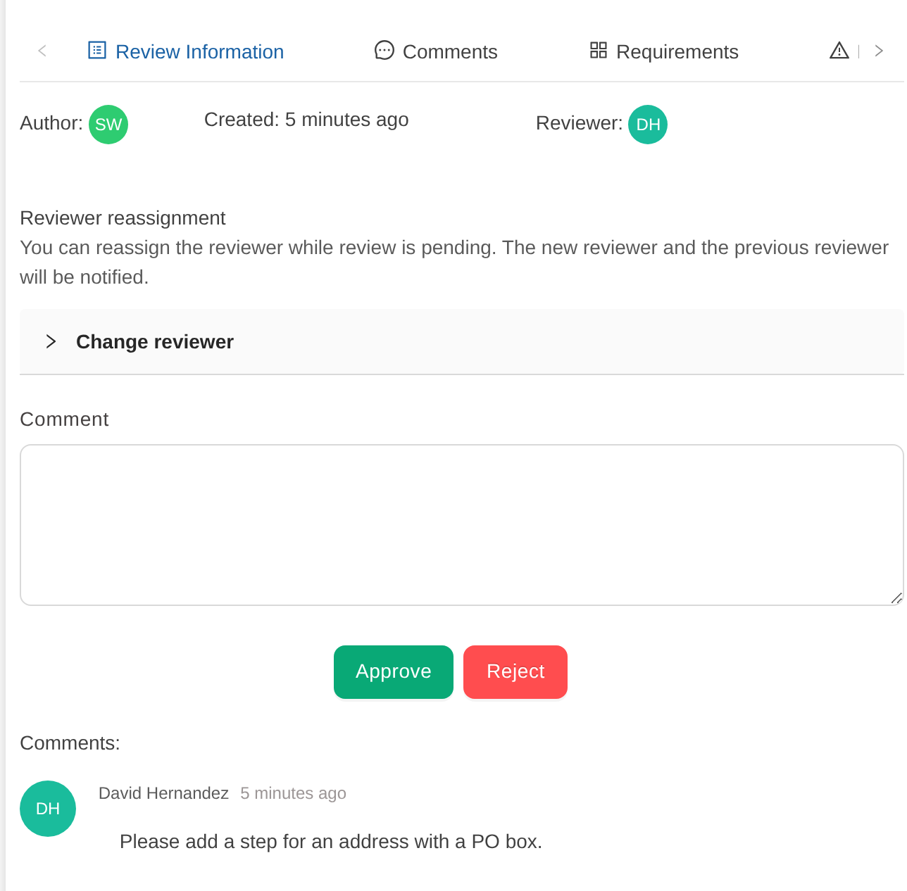 The assigned reviewer can approve or reject a test case in Update Requested state