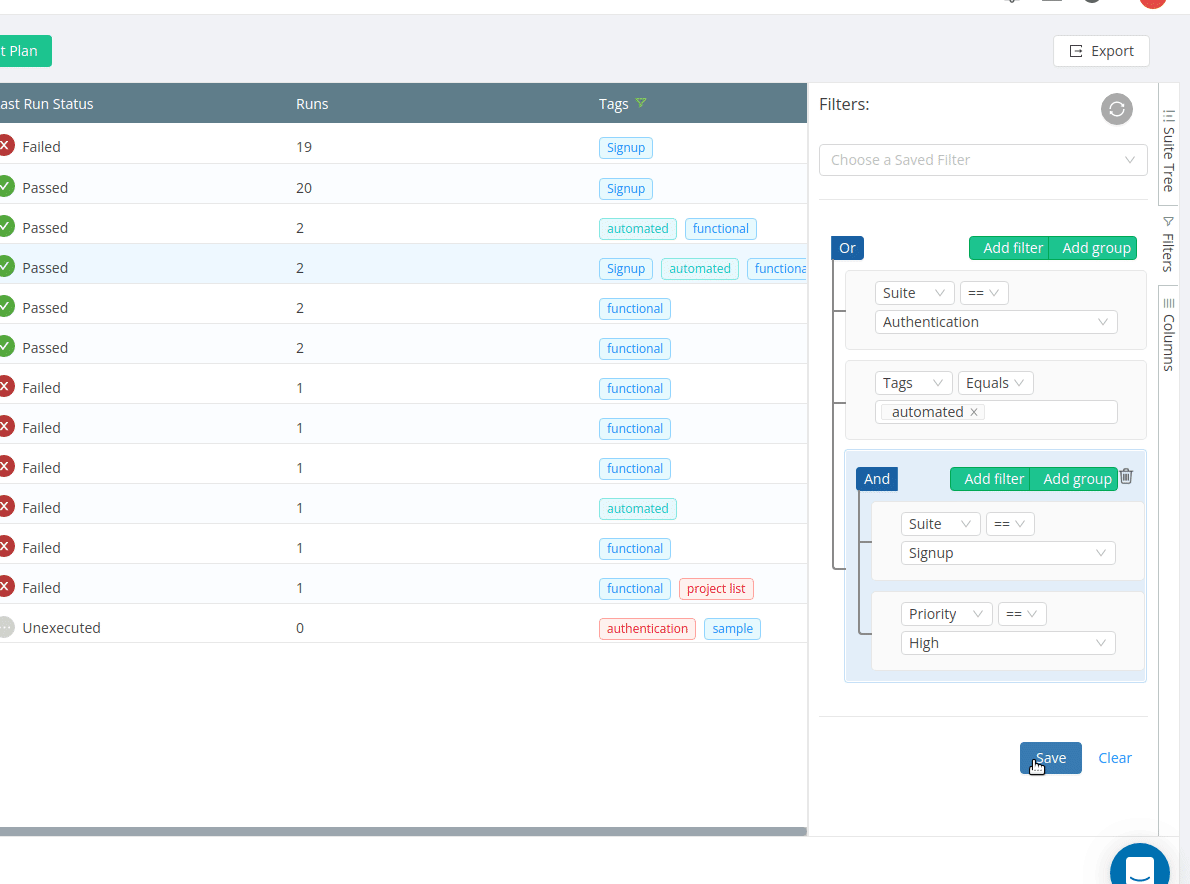 Saving filters for test cases in TestCollab