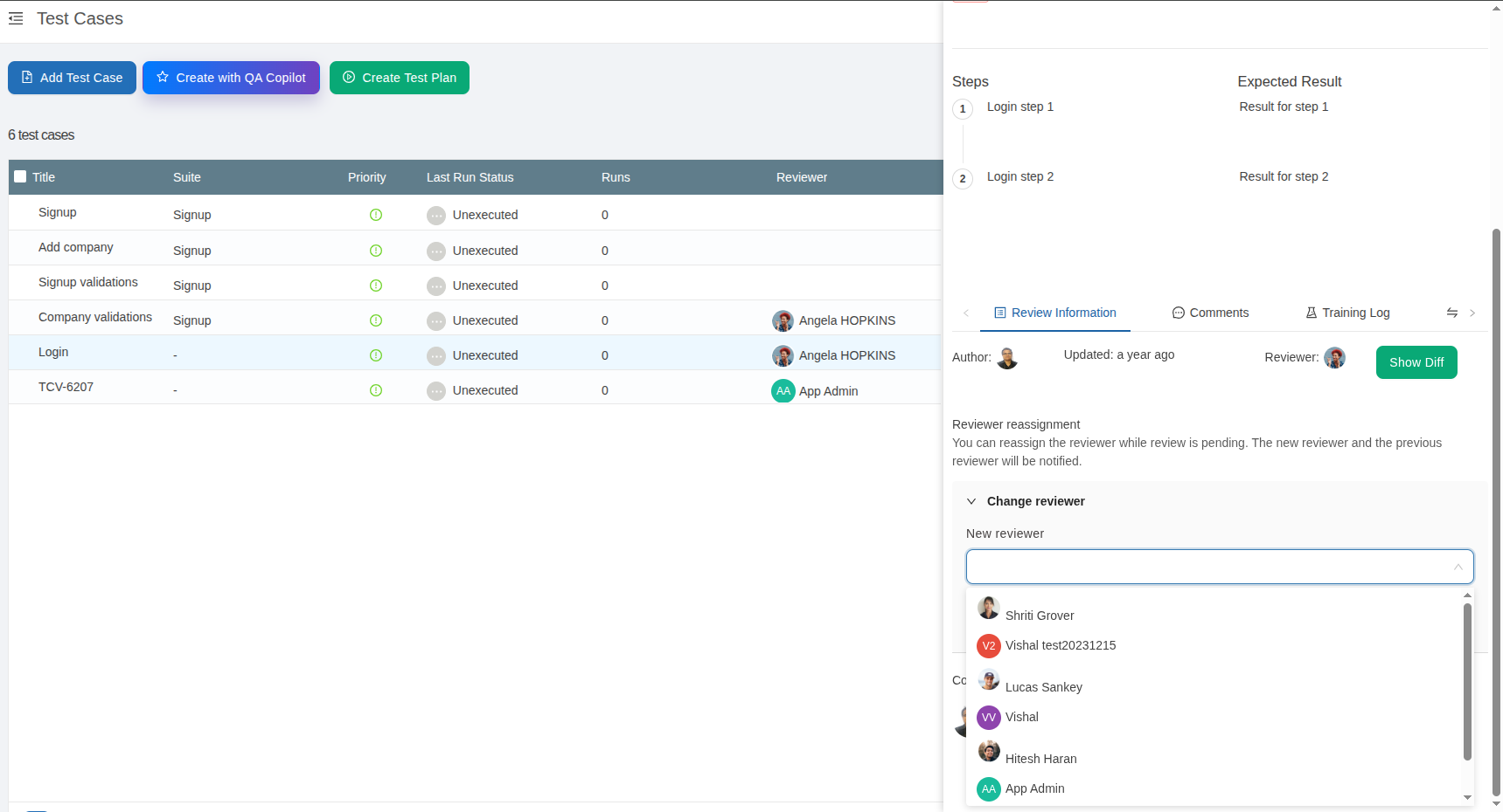 Option to change reviewer for a test case in TestCollab