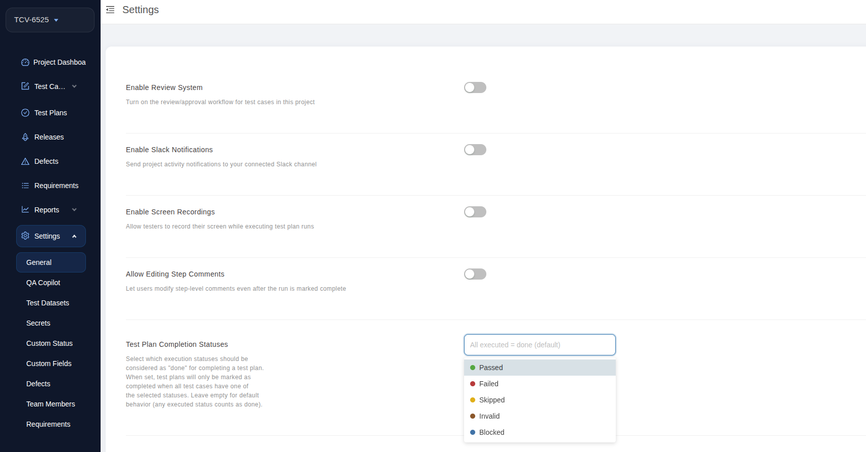 Configuring Test Plan Completion Criteria in TestCollab