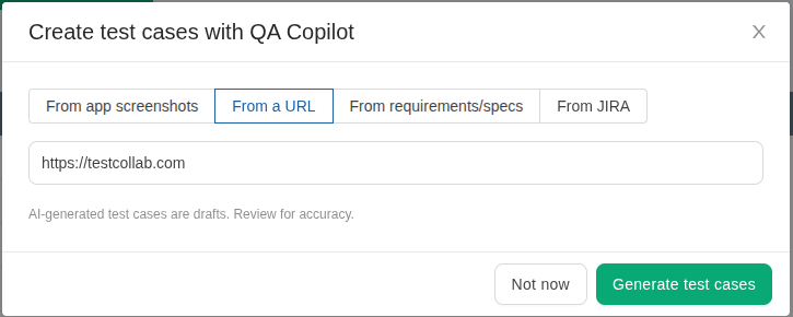 Generating test cases from QA Copilot in TestCollab
