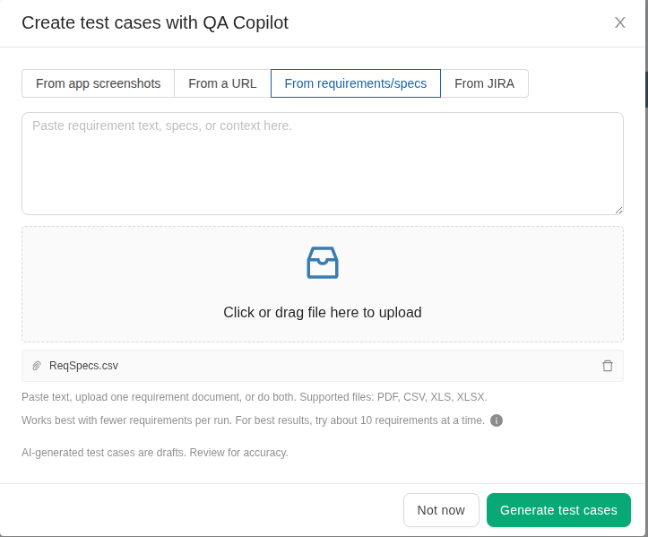 Generating test cases from QA Copilot in TestCollab