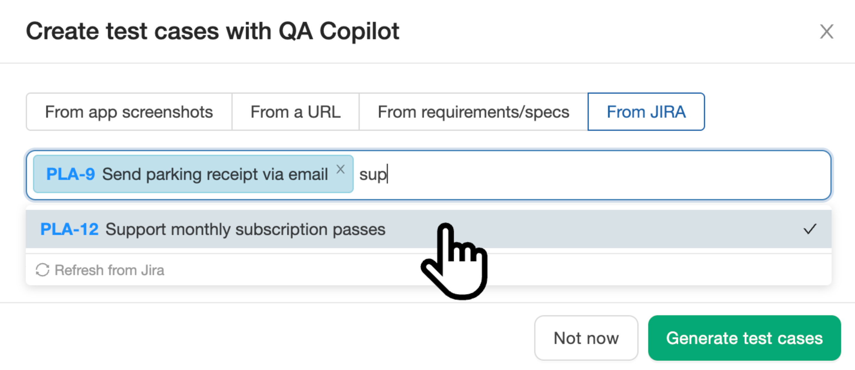 Select Jira user stories for AI test case generation in QA Copilot