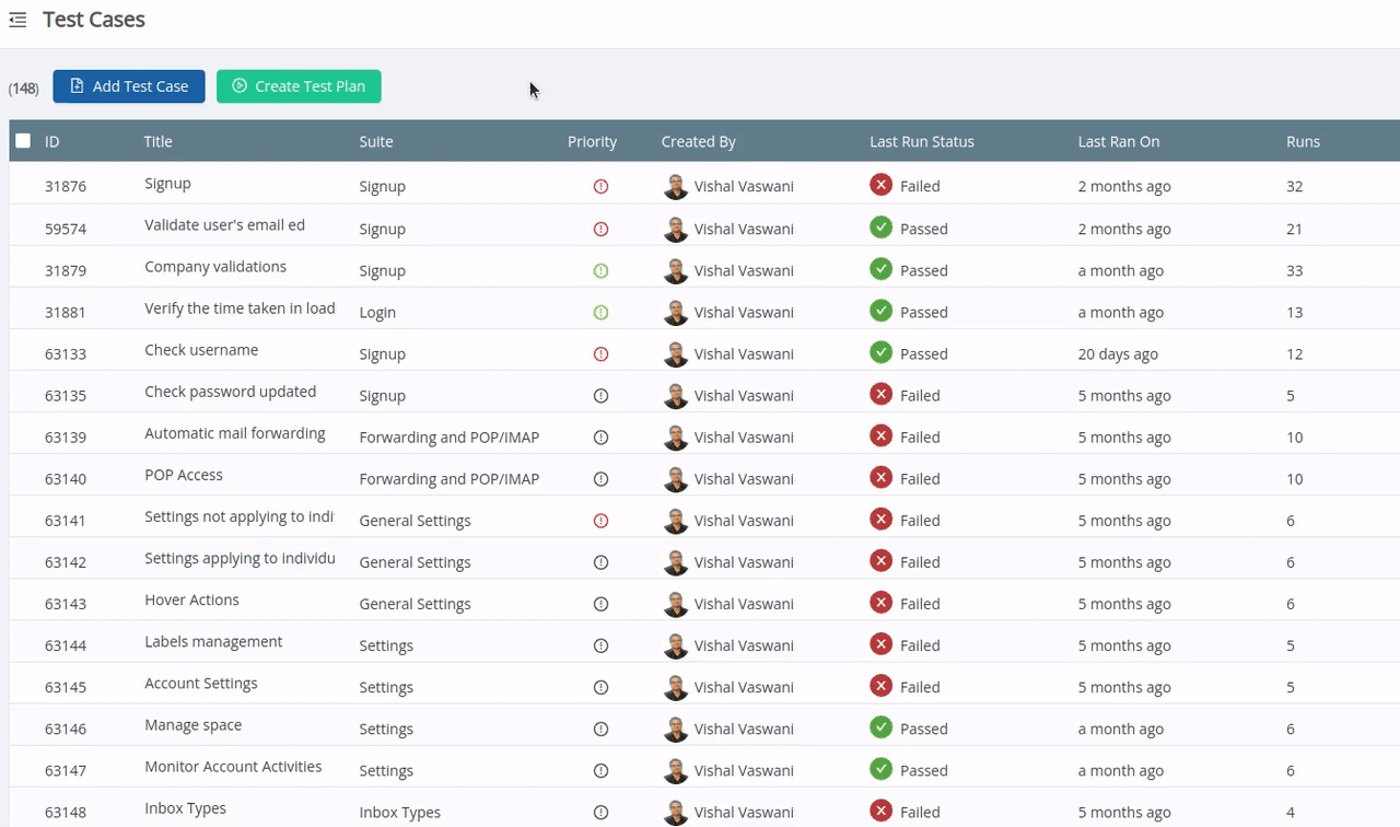 Selecting all test cases in a TestCollab project