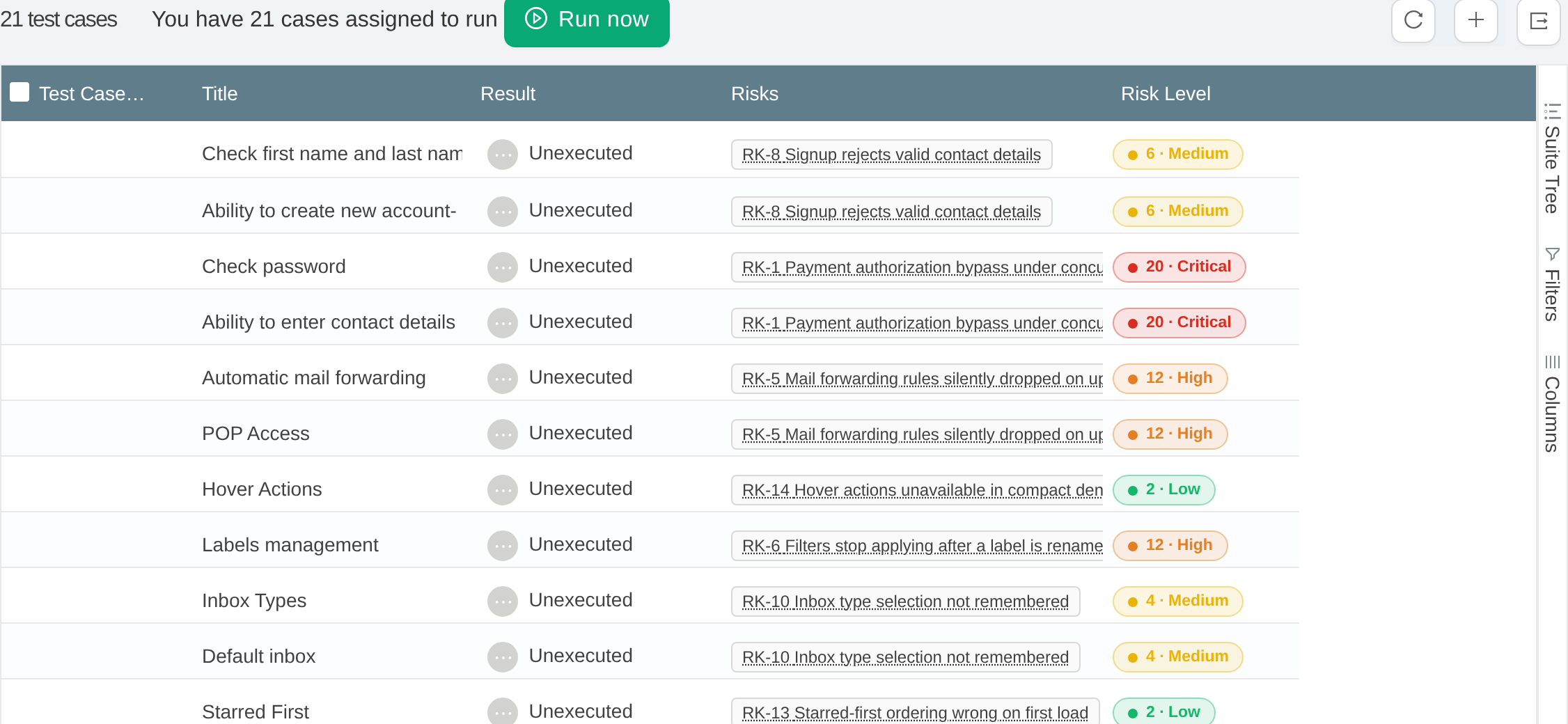 Risks and Risk Level columns on a TestCollab test plan