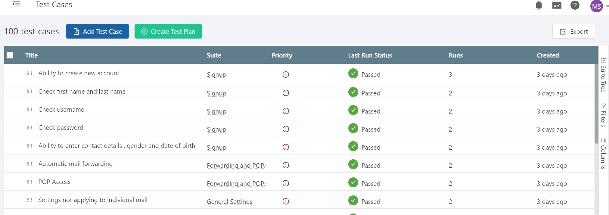 Test cases manage page in TestCollab