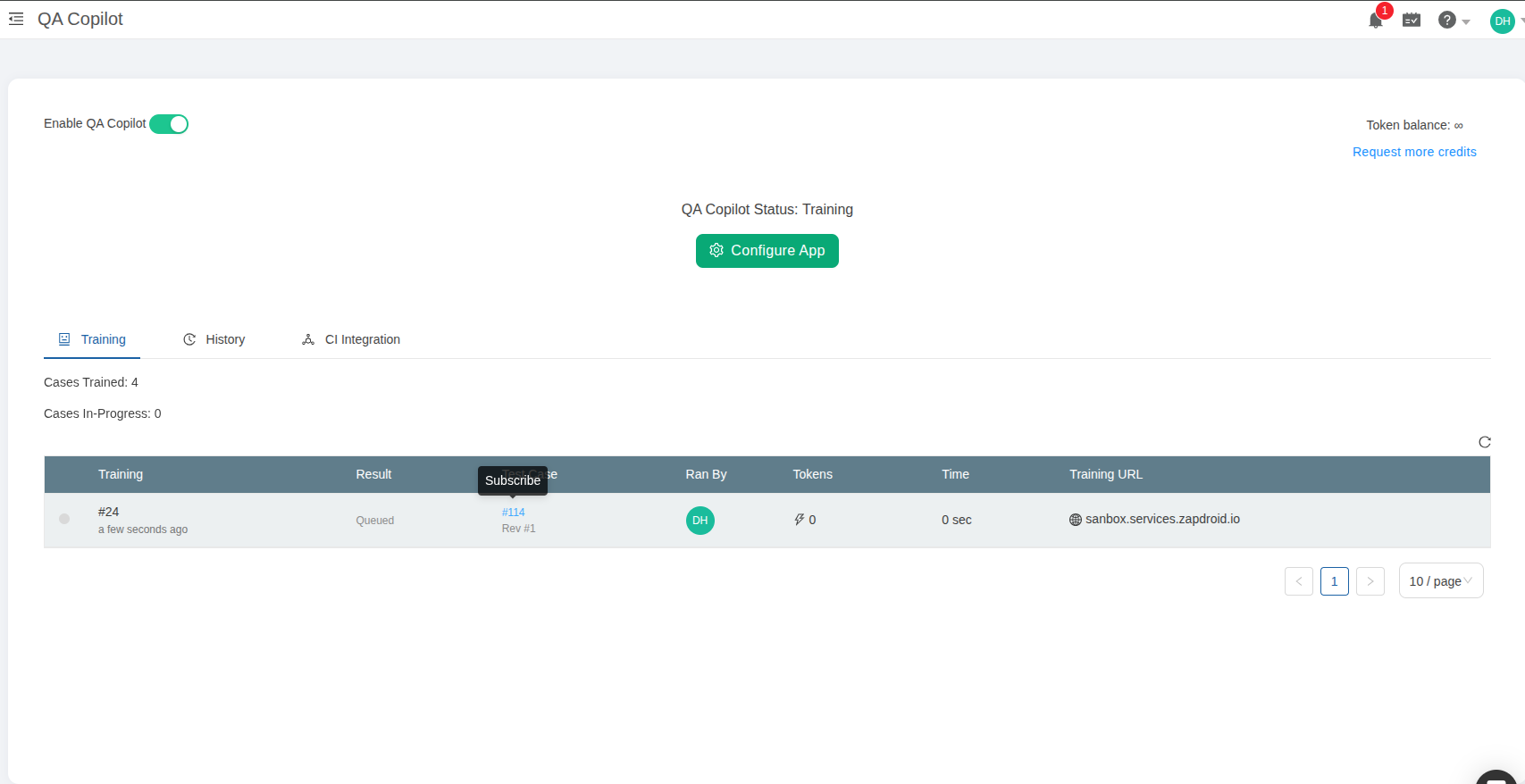 QA Copilot training details for a project in TestCollab