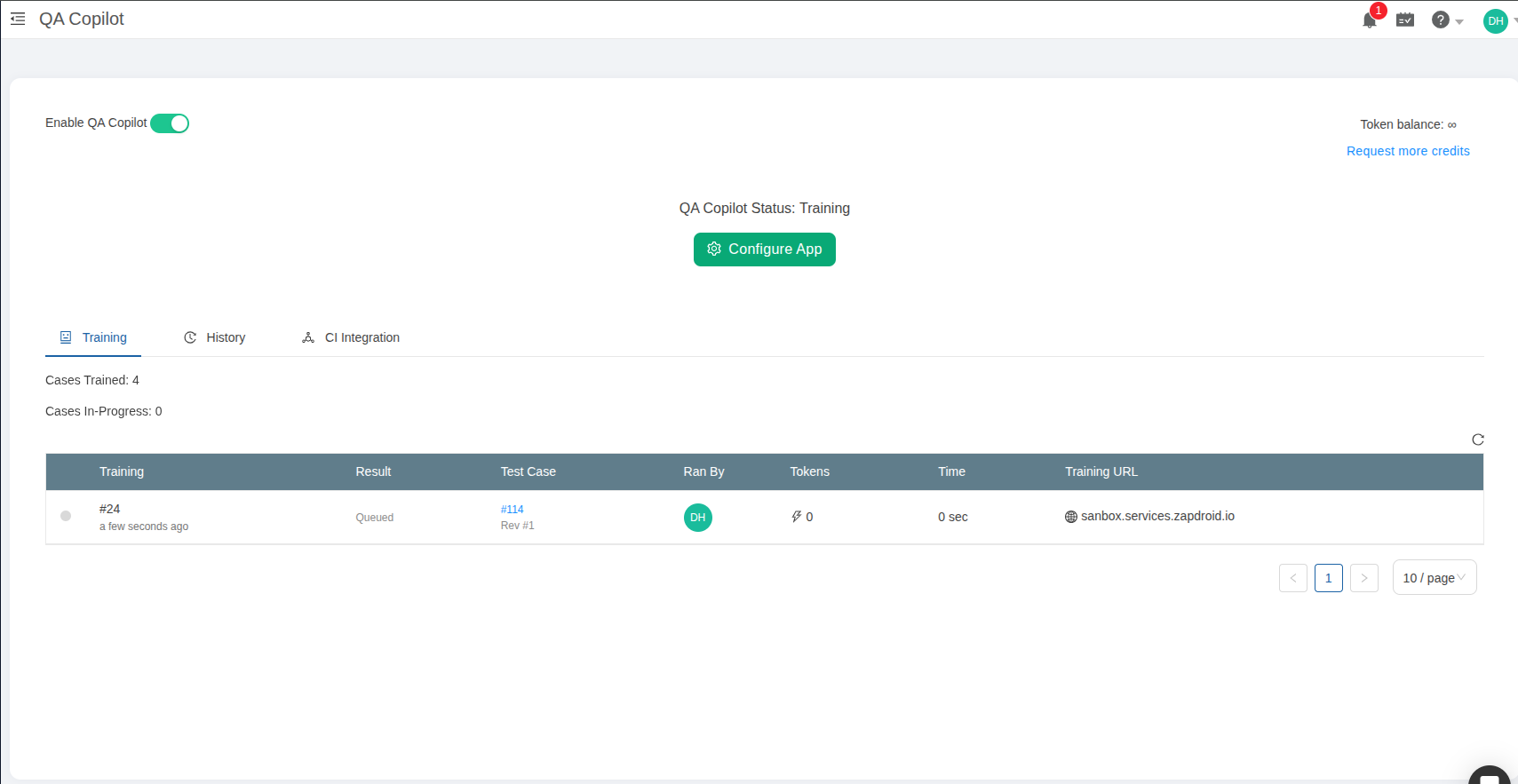 QA Copilot training details for a project in TestCollab
