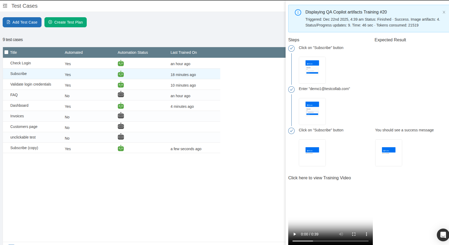 QA Copilot trained for a test case in TestCollab