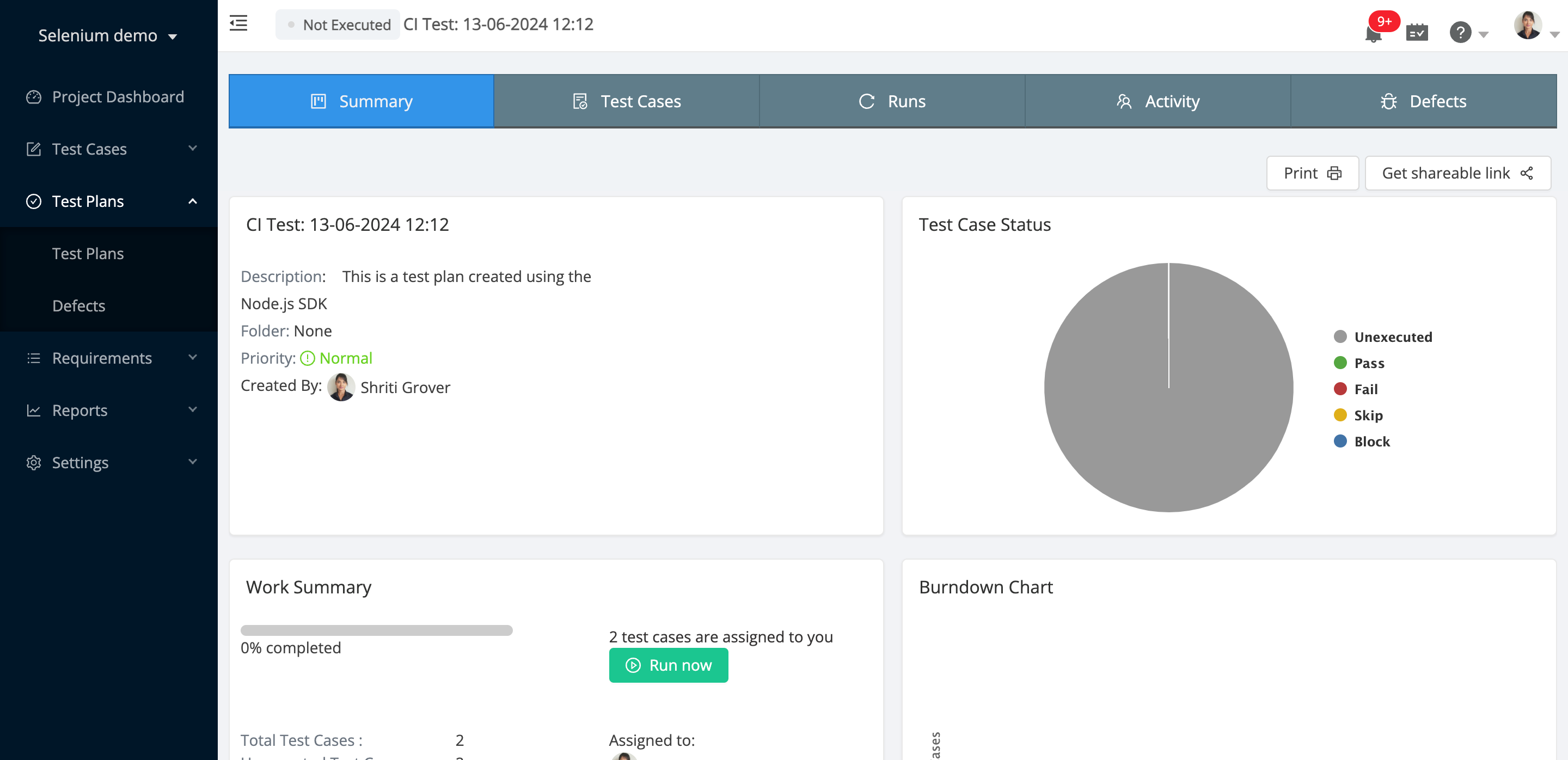 Unexecuted test plan created in TestCollab using createTestPlan command