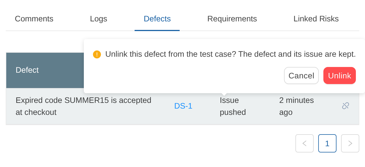 Unlink a defect from a test case in the Defects tab of a TestCollab test plan