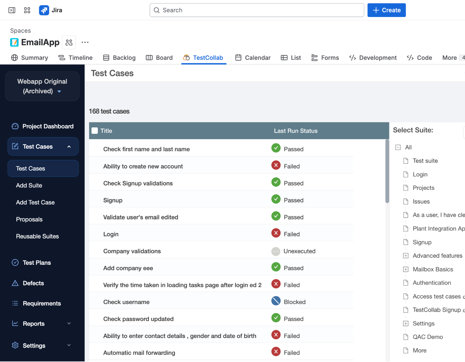 Full TestCollab application embedded inside Jira