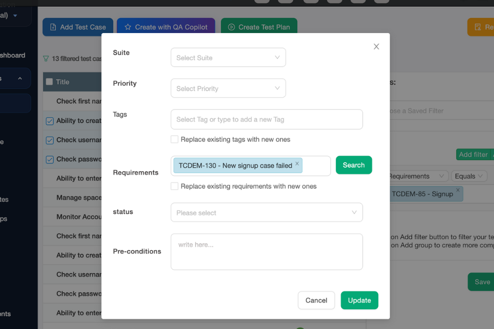 Linking requirements to multiple test cases