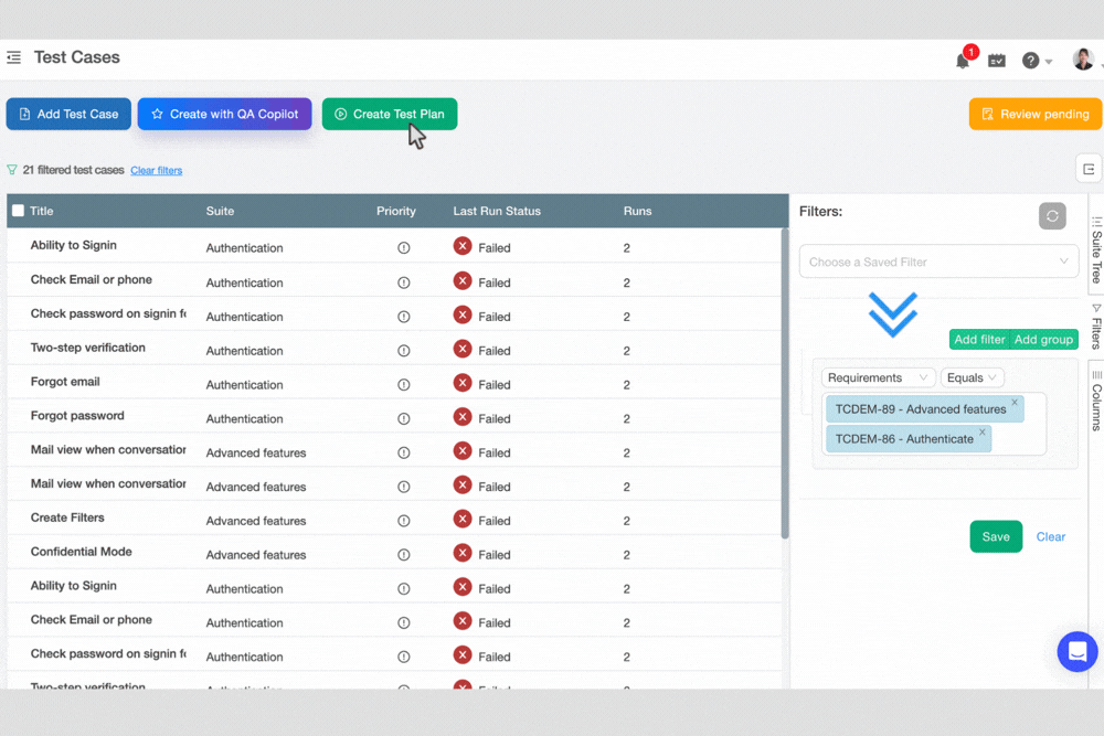 Creating test plans from linked requirements
