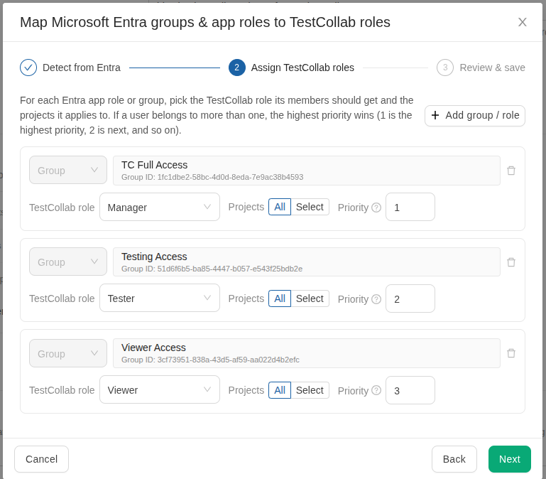 TestCollab admin settings mapping Microsoft Entra security groups and app roles to TestCollab roles, with project scope and priority columns