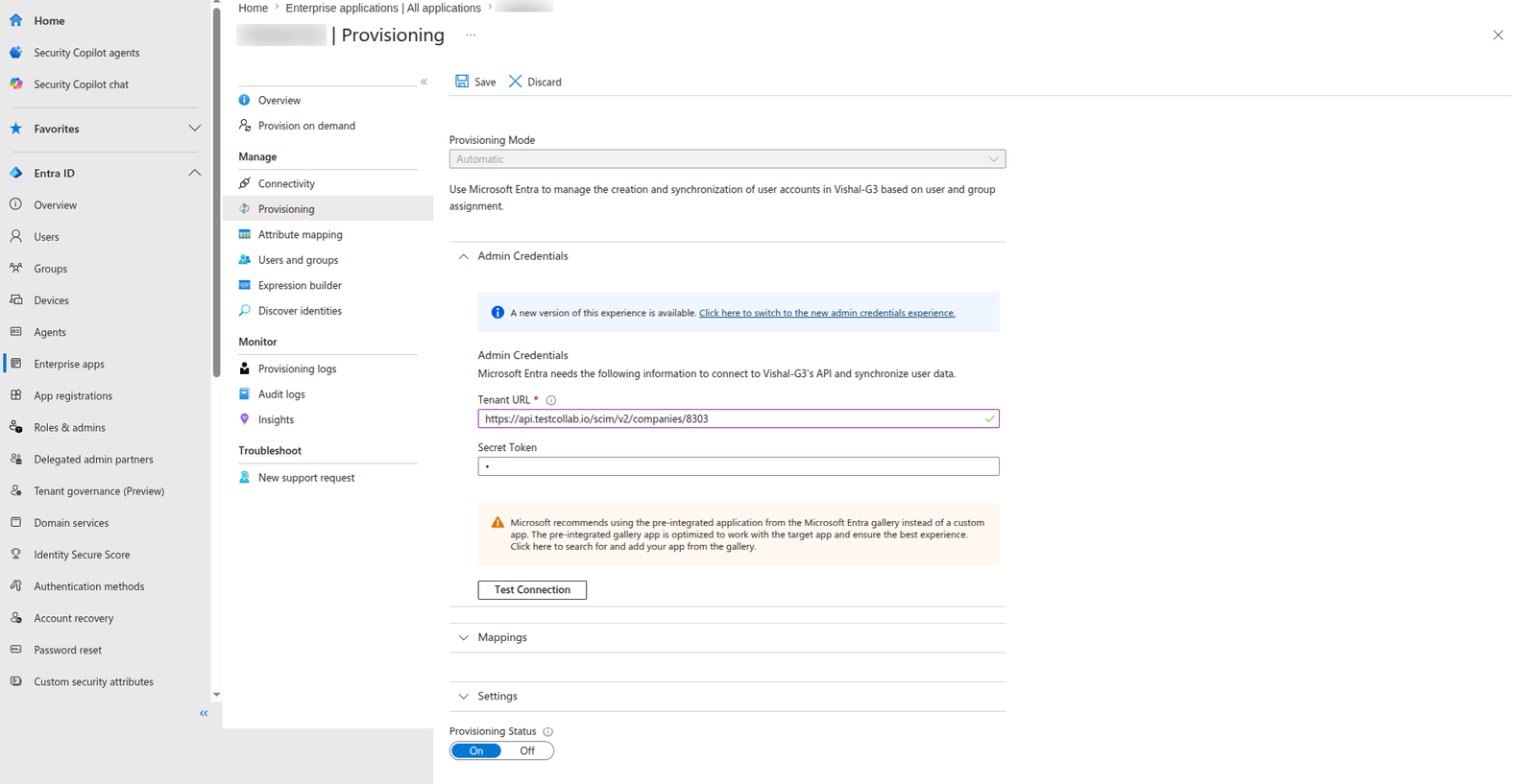 Microsoft Entra provisioning settings with the TestCollab SCIM tenant URL and secret token pasted into the admin credentials