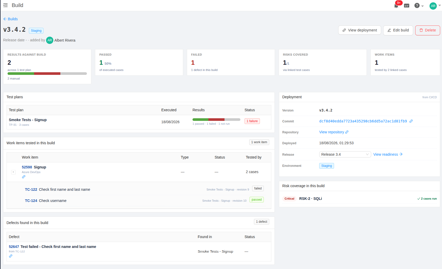 Build detail page in TestCollab with results against the build, the test plans, the defects found, and the commit from the CI pipeline