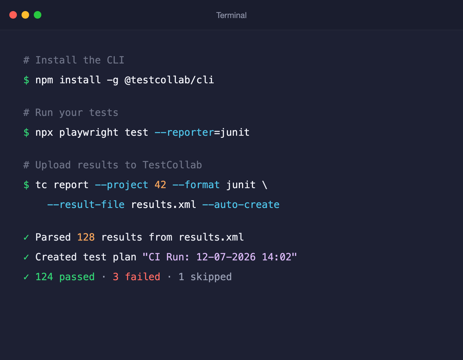 Terminal showing tc report uploading JUnit XML test results to TestCollab from a CI pipeline