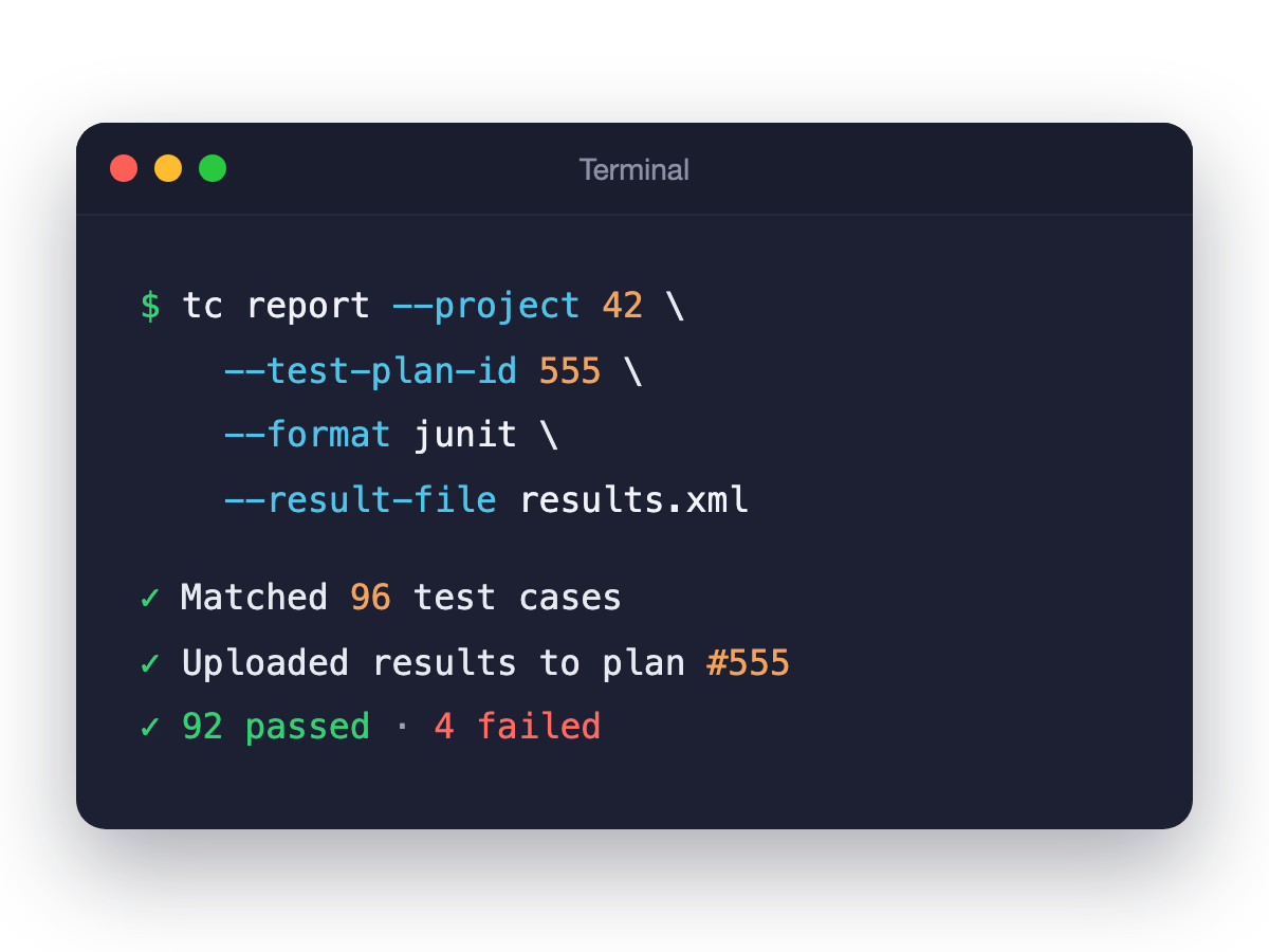 Terminal showing tc report uploading test results to a TestCollab test plan