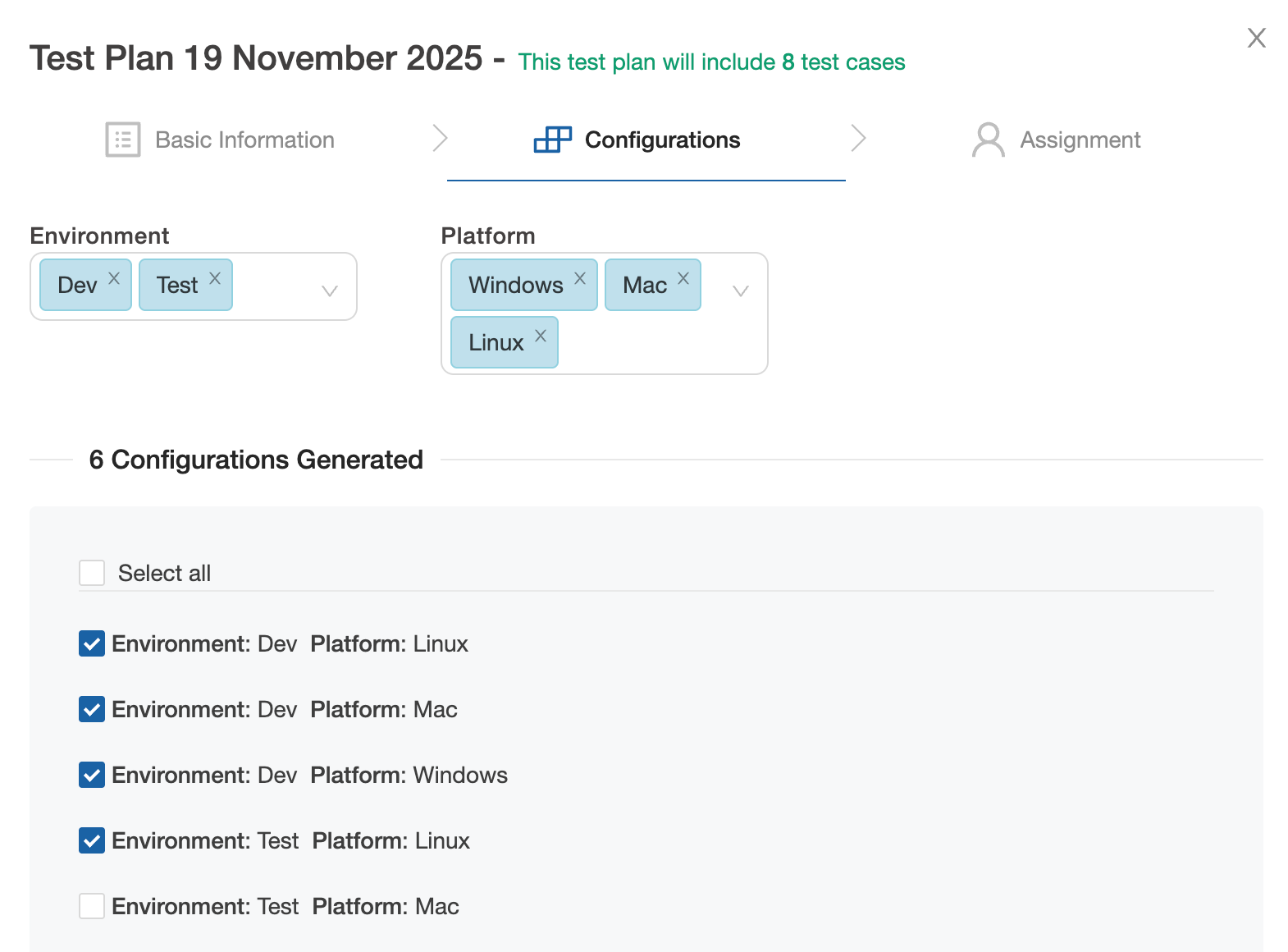 Define configurations for a test plan